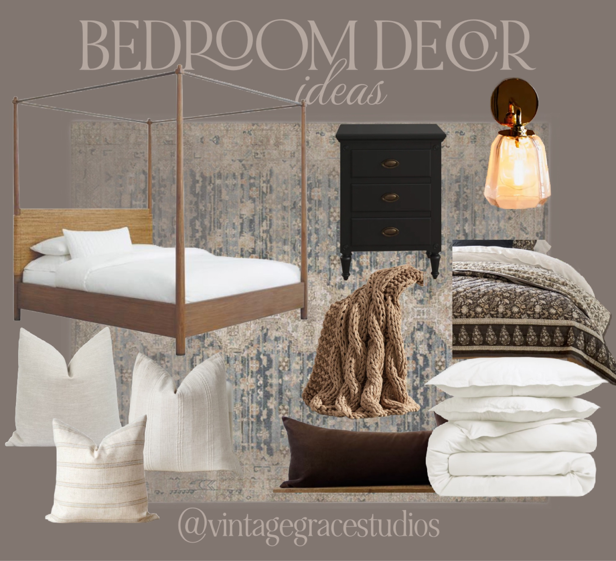 Bedroom decor ideas, canopy bed frame, Etsy throw pillows, vintage nightstands, vintage rug, wall sconces, linen throw pillows, bed quilt 

#LTKstyletip #LTKhome
