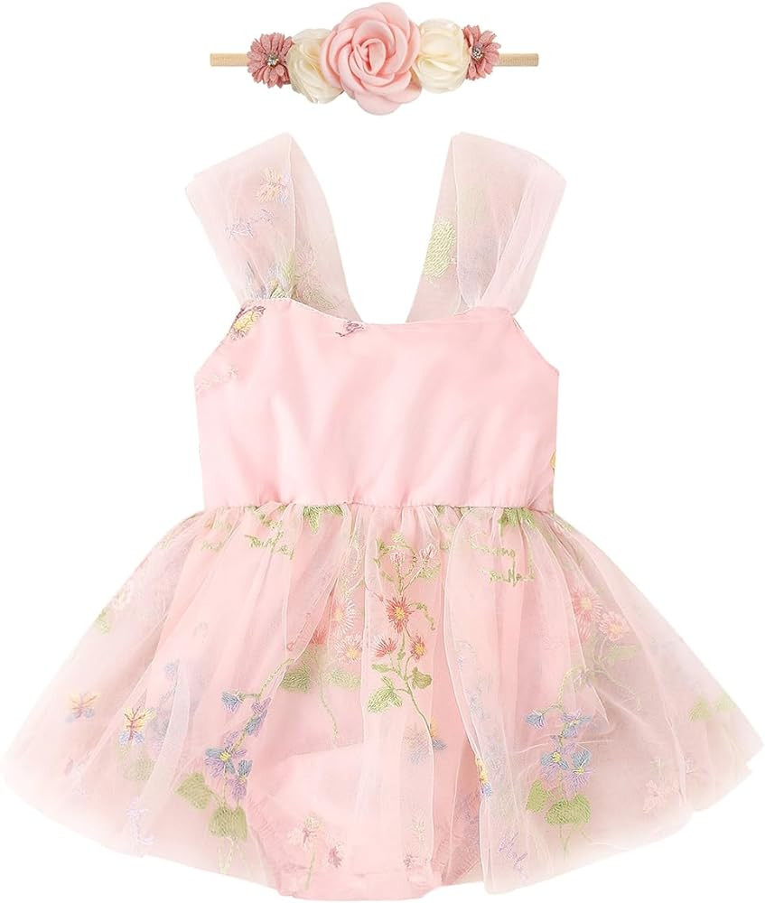 ODASDO Infant Baby Girl Tulle Romper Flower Embroidery Princess Bodysuit with Headband Birthday P... | Amazon (US)