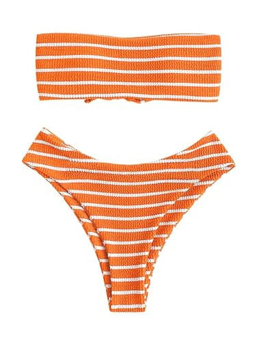 ZAFUL Women Strapless Ribbed High Cut Bandeau Bikini Lace Up 2 Pieces Swimwear(6-Orange,S) | Amazon (US)