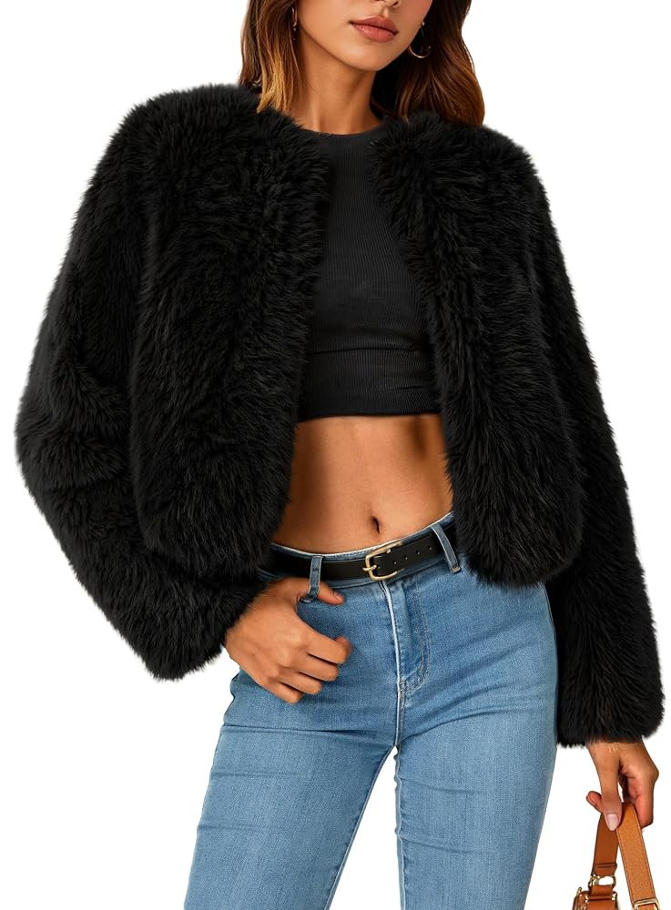 ZESICA Women's 2025 Winter Faux Fur Coats Fluffy Cropped Jacket Long Sleeve Shaggy Outerwear Fall... | Amazon (US)