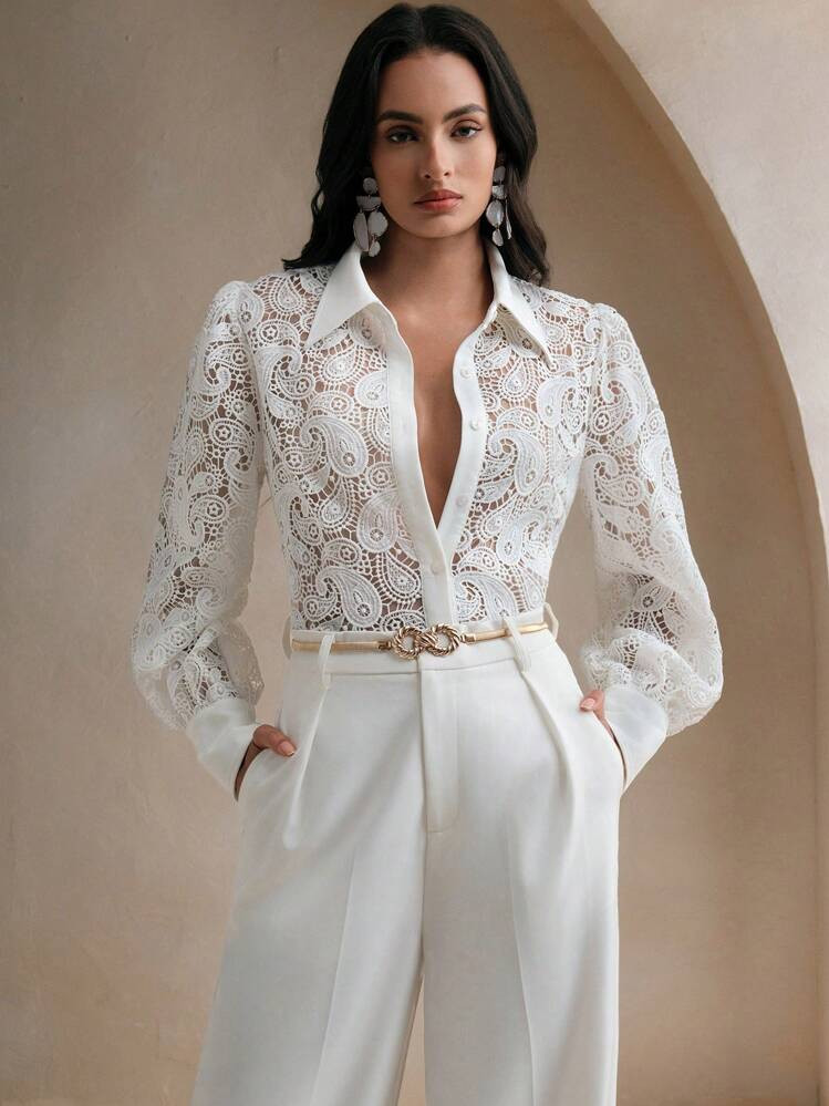 Anewsta French Hollow-Out Embroidery Lace Patchwork Long Sleeve Women Blouse For Holiday Party Clothes Women Shirt | SHEIN