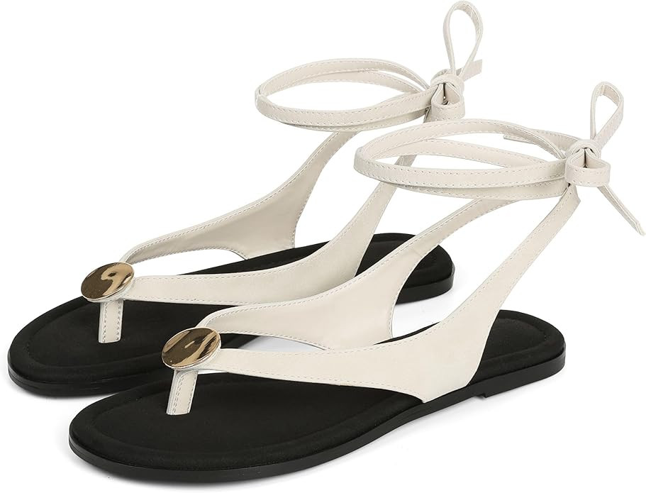 Goiphrri Flat Sandals for Women Dressy Comfortable Soft Lace Up Strappy Sandals Round Toe Thong S... | Amazon (US)