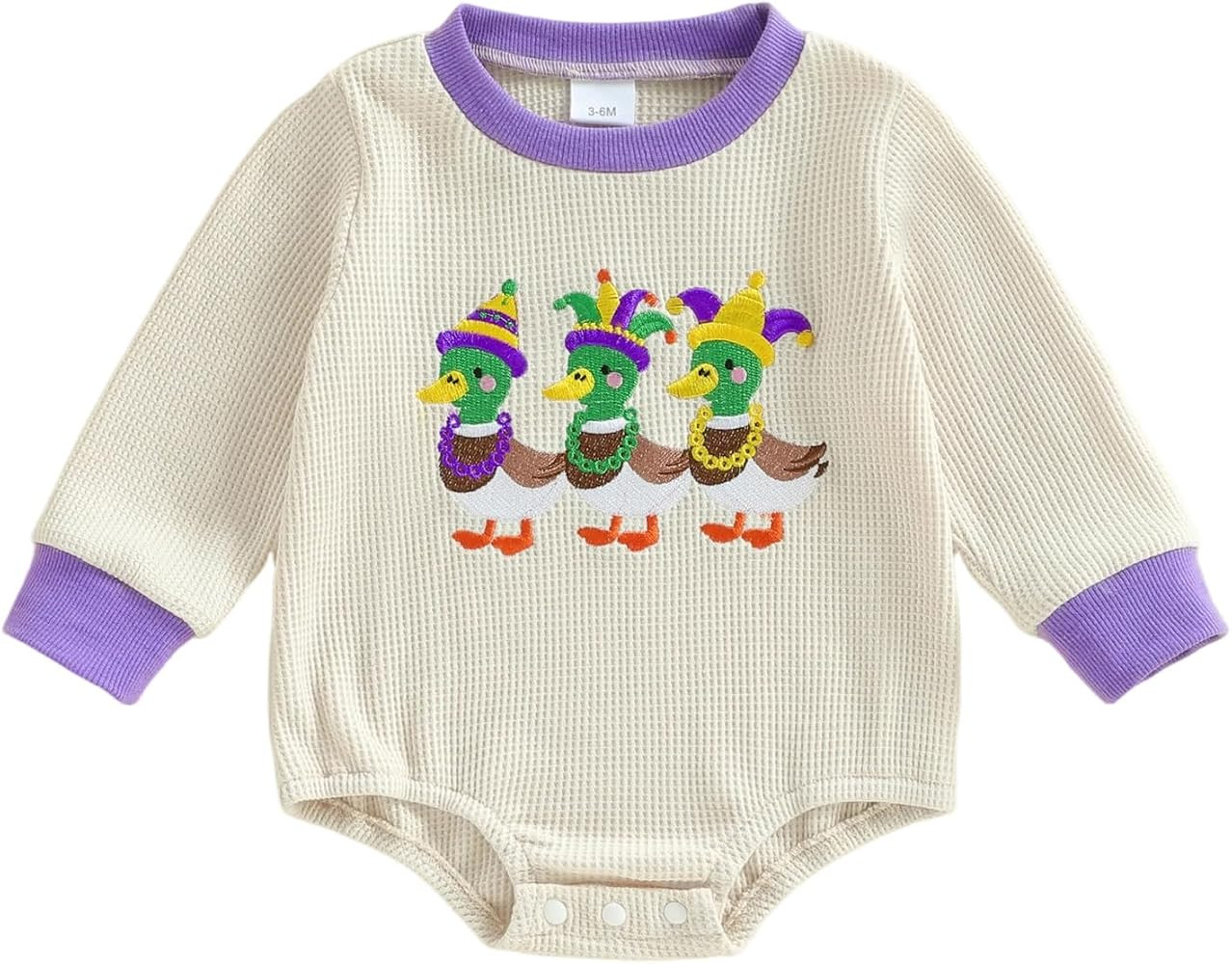 Baby Boy Girl Mardi Gras Outfit Duck Embroidery Waffle Knit Long Sleeve Sweatshirt Bubble Romper ... | Amazon (US)