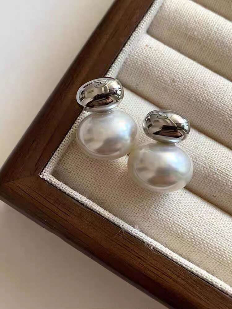 1 Pair Women's Everyday Wear Silver Metal Plated Faux Pearl Bead Stud Earrings, European And Amer... | SHEIN