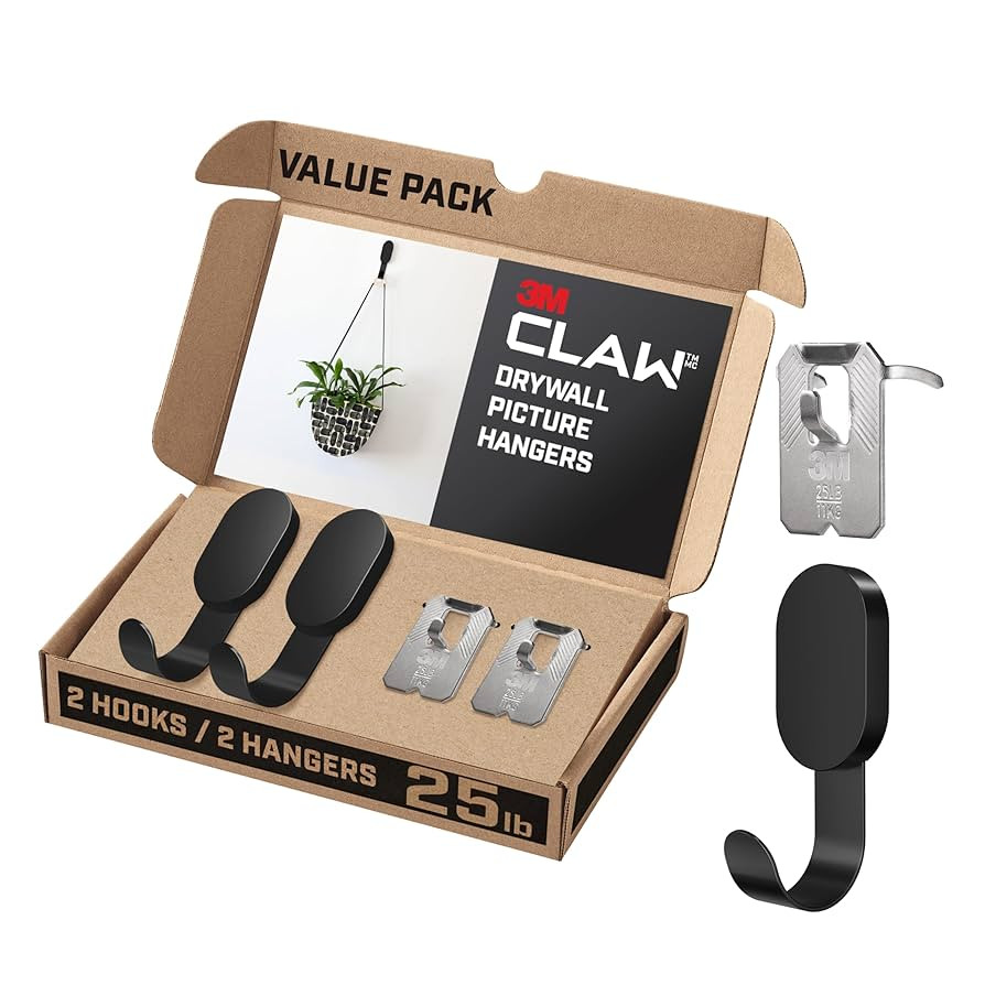 3M CLAW 25 lb. 2 Drywall Black Hooks & 2 Extra Picture Hangers, Heavyweight Hanging Solution for ... | Amazon (US)