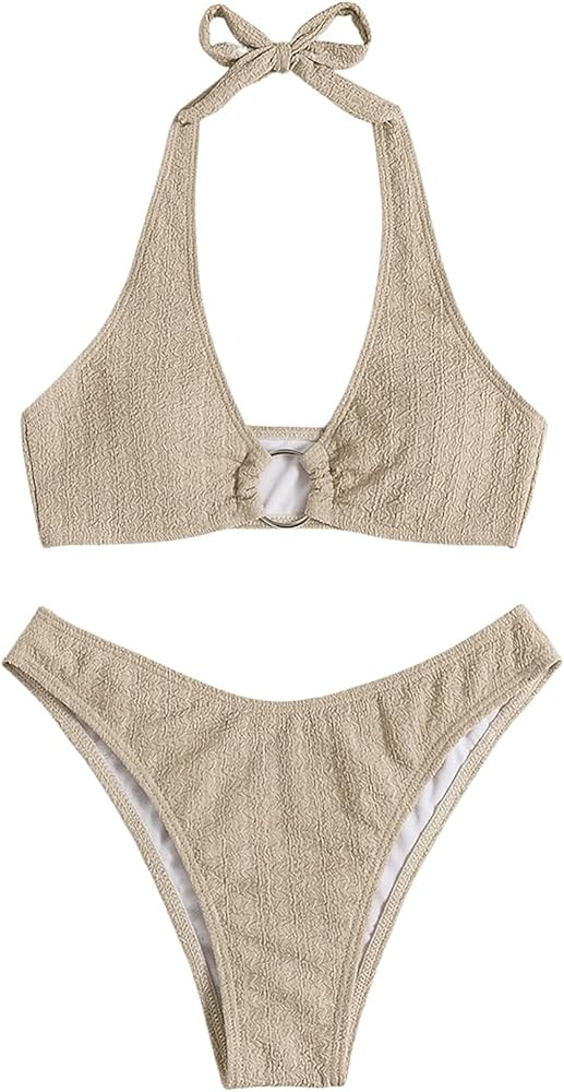 SweatyRocks Women's 2 Piece Swimsuit Solid Halter High Cut Bikini Bathing Suit | Amazon (US)