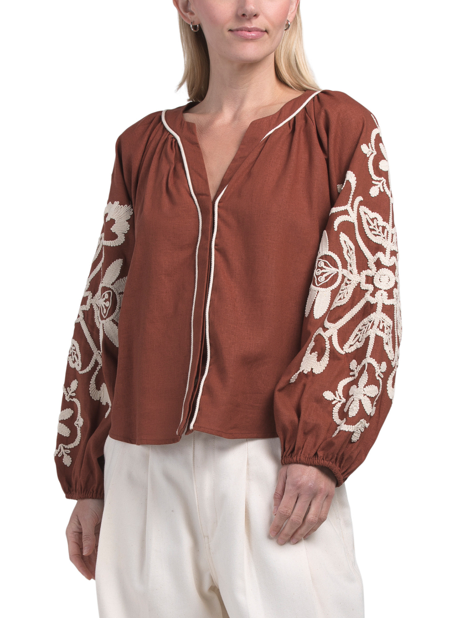 Linen Blend Embroidered Puff Sleeve Split Neck Top | TJ Maxx