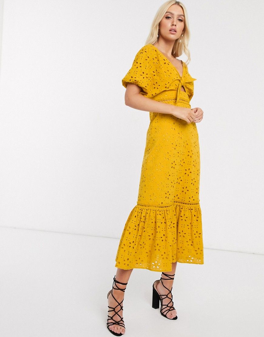 ASOS DESIGN broderie knot front maxi dress in mustard-Yellow | ASOS (Global)