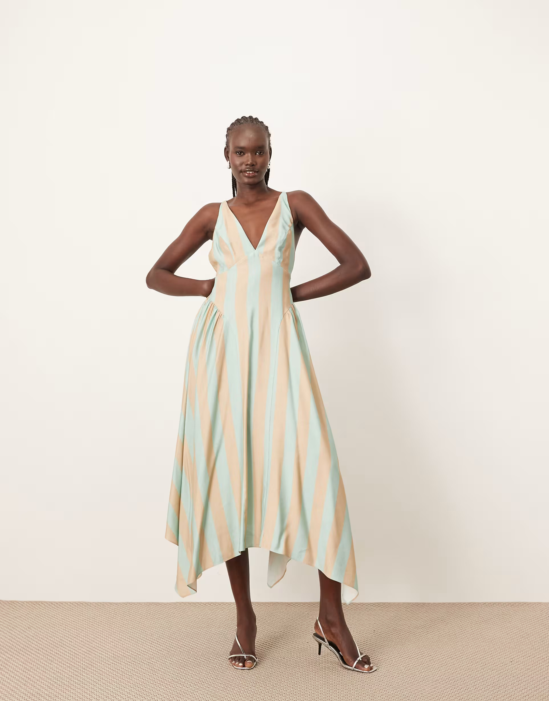 ARRANGE cross back detail midi dress with full skirt in green stripe | ASOS | ASOS (Global)