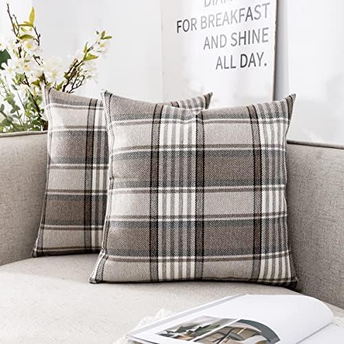 CARRIE HOME Brown Farmhouse Tartan Plaid Pillow Covers 20x20 Set of 2 Winter Linen Pillow Covers ... | Amazon (US)