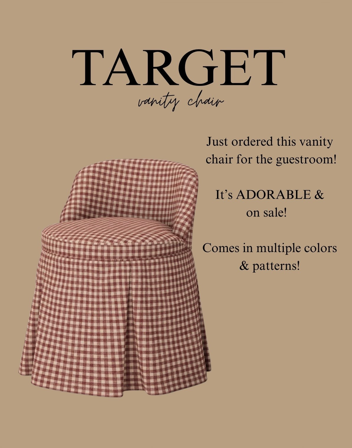 Obsessing over this adorable gingham vanity chair! I just ordered it for the guestroom! Currently on SALE & comes in many different colors and patterns! 😍

#Target #TargetHome

#LTKSaleAlert #LTKHome #LTKU