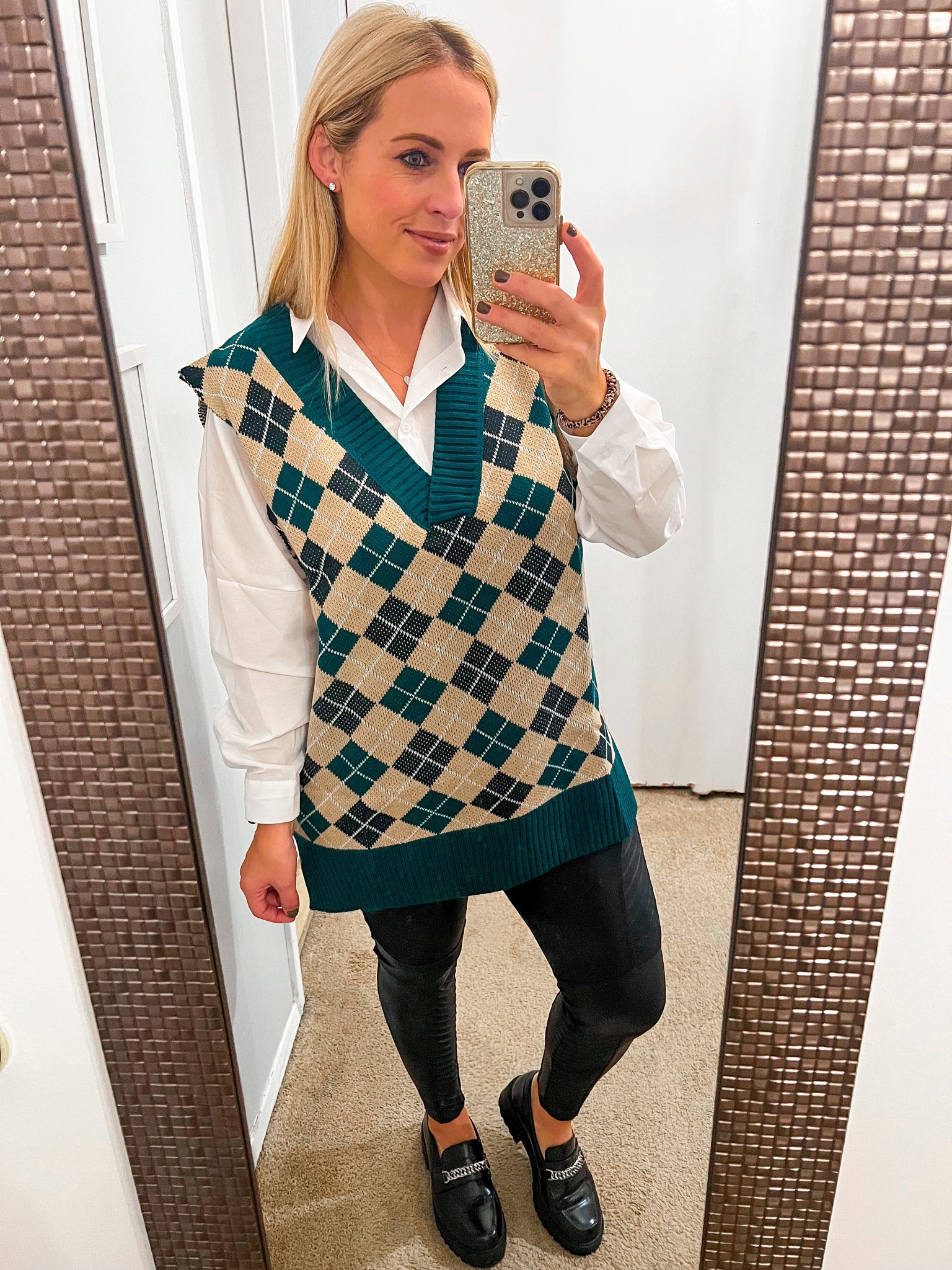 Fall outfit. Loafers. Vest. Faux leather leggings 

#LTKSeasonal #LTKunder50 #LTKshoecrush