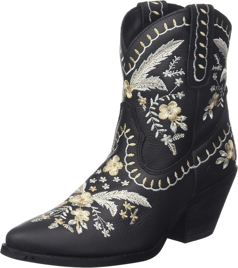 Dingo Womens Primrose Embroidered Floral Snip Toe Casual Boots Ankle Mid Heel 2-3" - Black | Amazon (US)