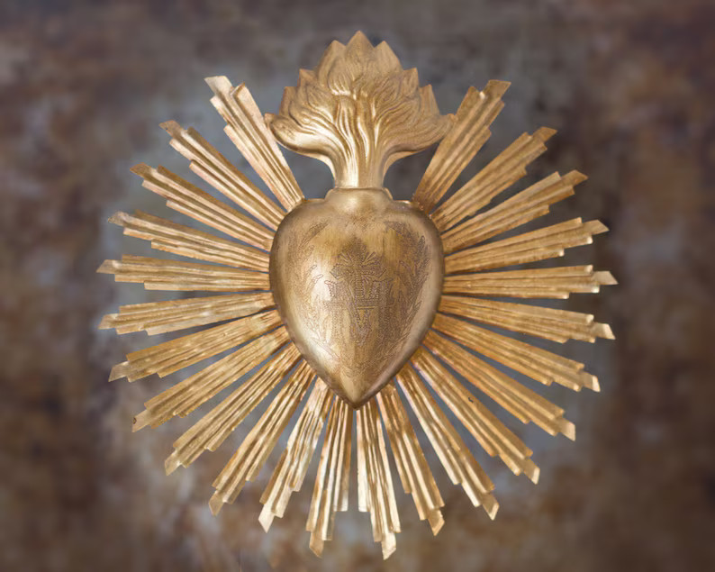 Sacred Heart, Milagro Heart, Large Antique Gold Heart Sunburst Flame, Catholic Heart, Wall Hangin... | Etsy (US)