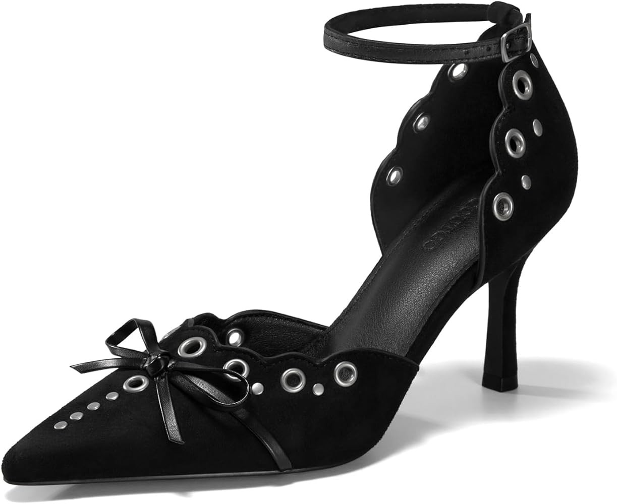 Coutgo Womens High Heels Bow Tie Closed Pointed Toe Stiletto Ankle Strap Studded Suede Dress Shoe... | Amazon (US)