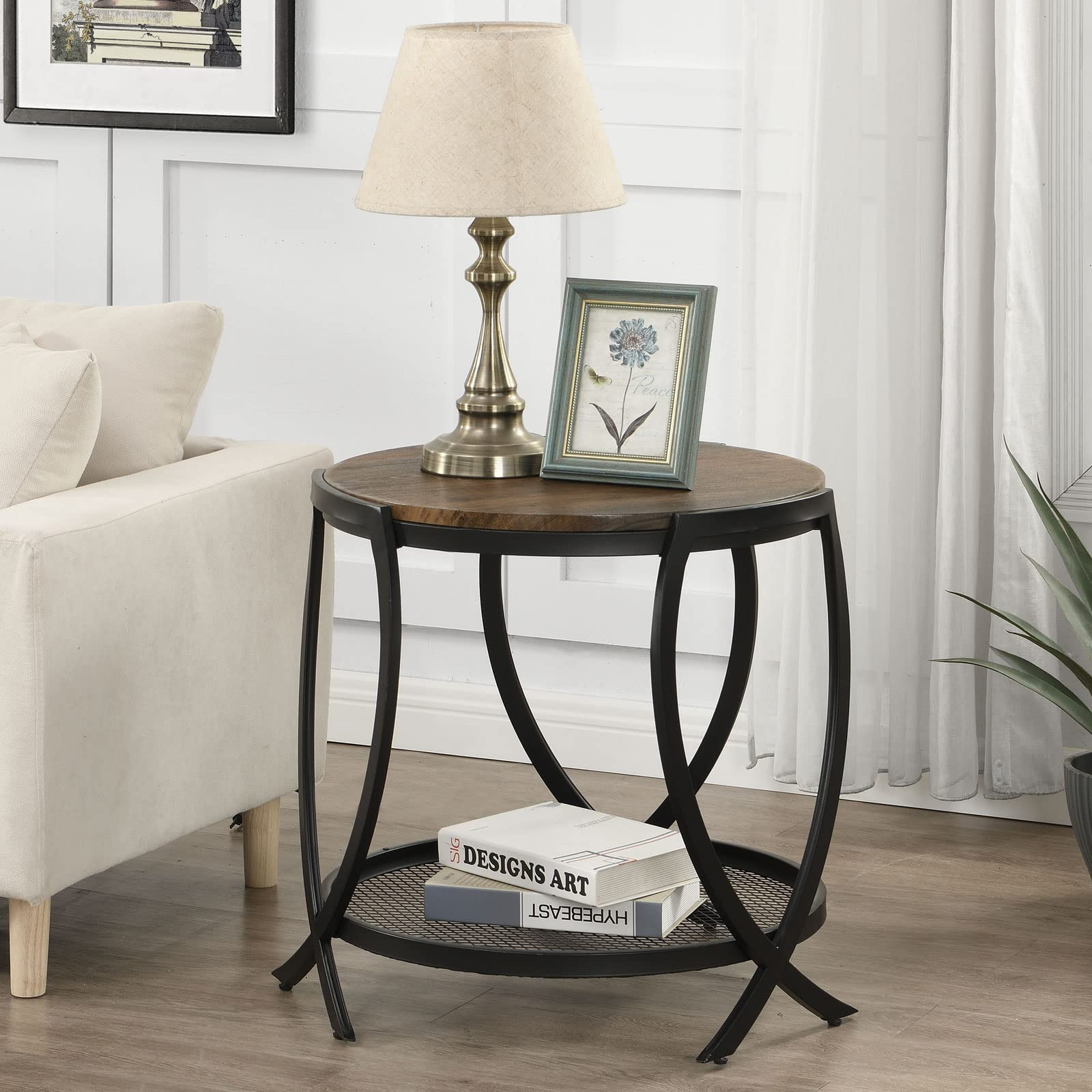 ASYA Industrial Round End Table with Storage Shelf, 2-Tier Side Table for Living Room, Adjustable... | Amazon (US)