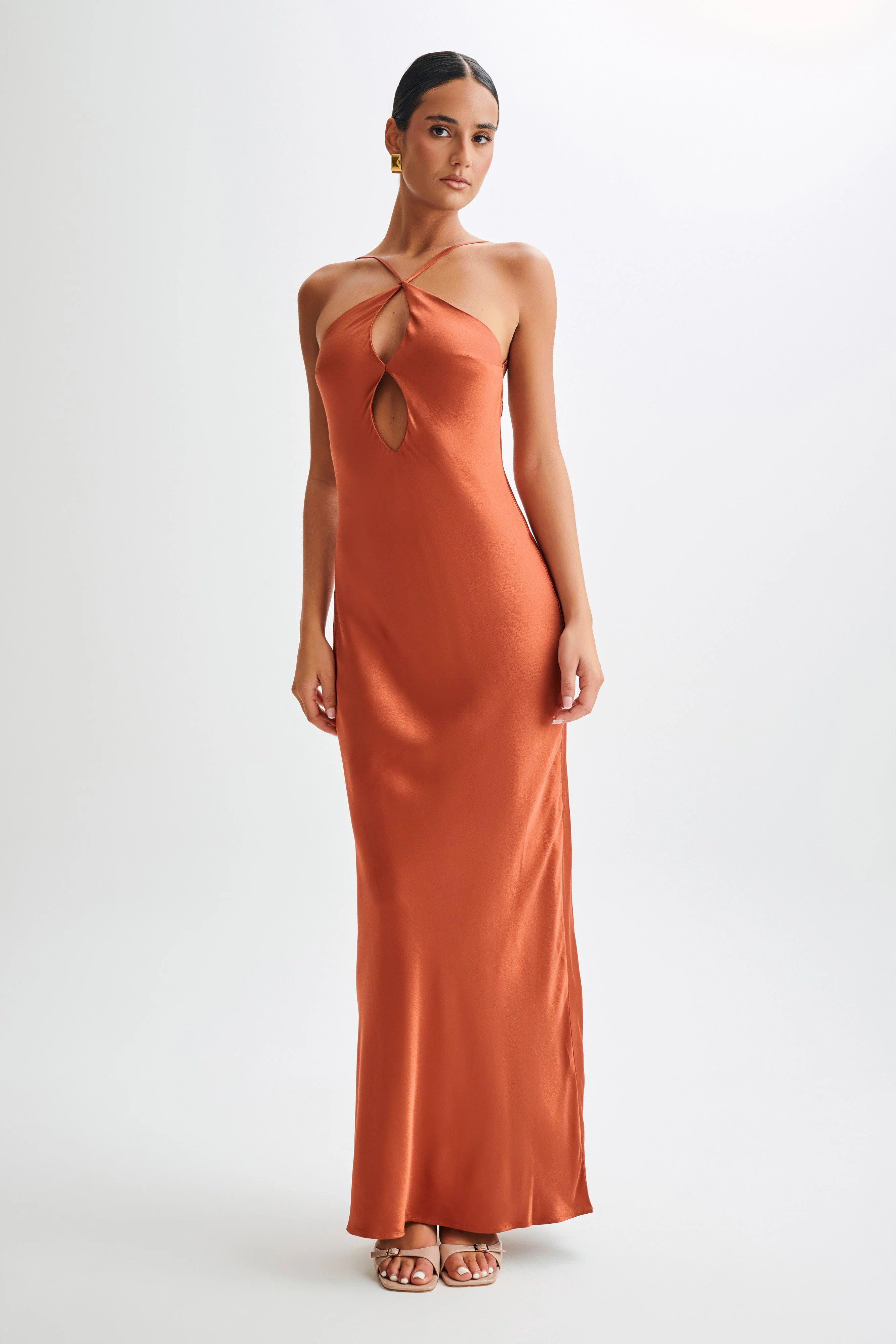 Lucia Satin Cut Out Maxi Dress - Burnt Orange | MESHKI US