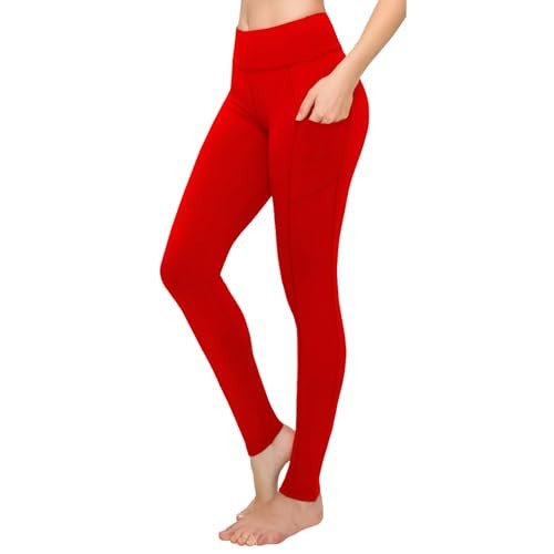 SATINA High Waisted Red Leggings for Women - Soft, Stretchy Leggings with Side Pockets - Full Length Yoga Pants for Women - Tummy Control and Buttery Soft Fabric for All-Day Comfort | Amazon (US)