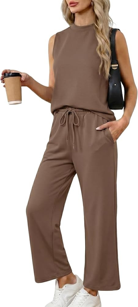 Two Piece Lounge Sets for Women Summer Outfits Set Mock Neck Tops Wide Leg Crop Vacation Travel P... | Amazon (US)