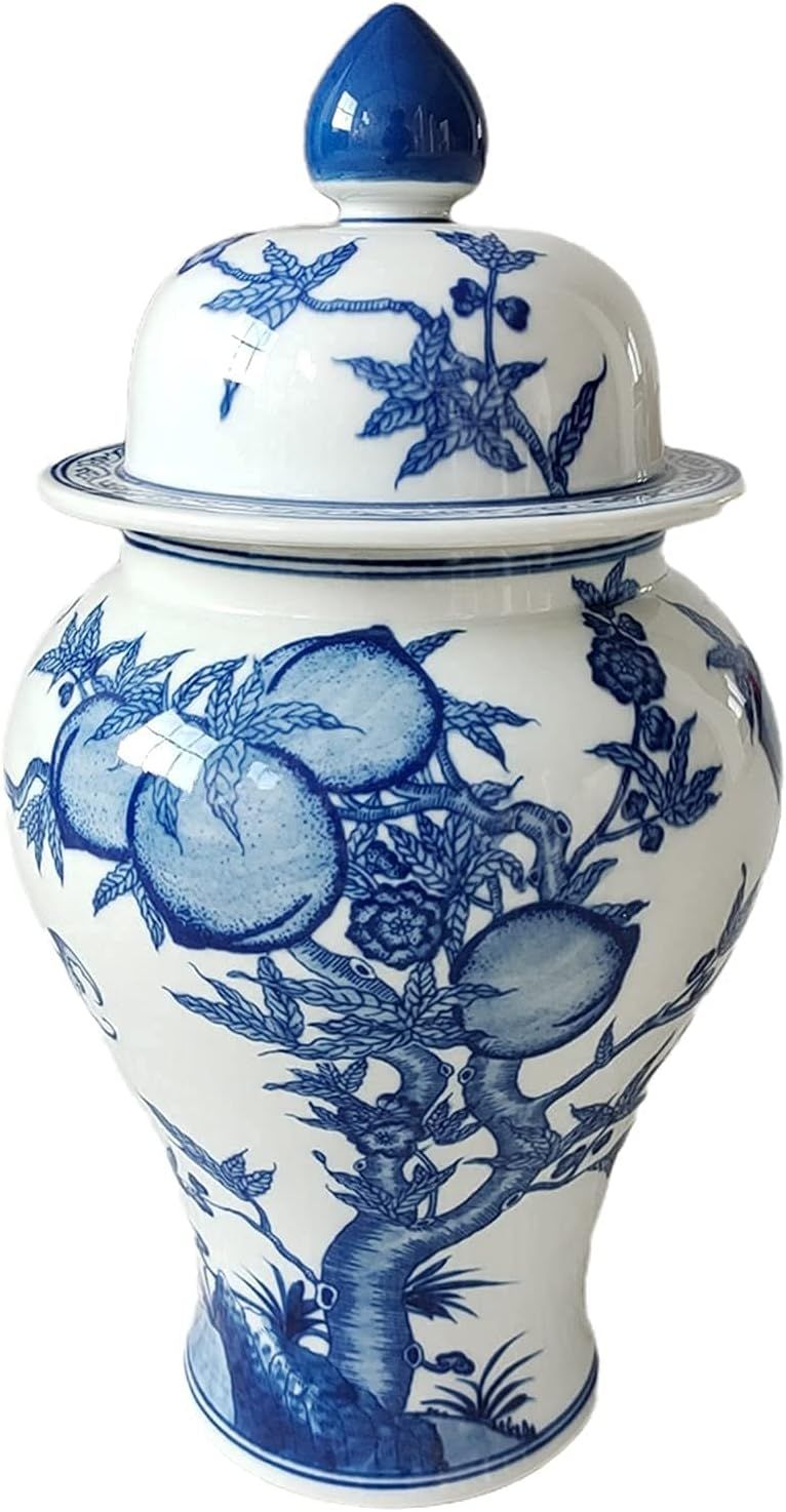 Chinese Ceramic Ginger Temple Jar Blue White Porcelain with Peach Decoration,H14.56inches | Amazon (US)