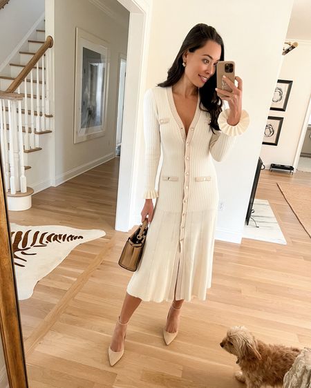 Kat Jamieson wears a cream knit dress to a ladies lunch in Fairfield County, Connecticut. Spring dress, dresses, workwear, midi dress, knit, classic style, neutrals, pumps, nude pump. 

#LTKworkwear #LTKshoecrush #LTKSeasonal