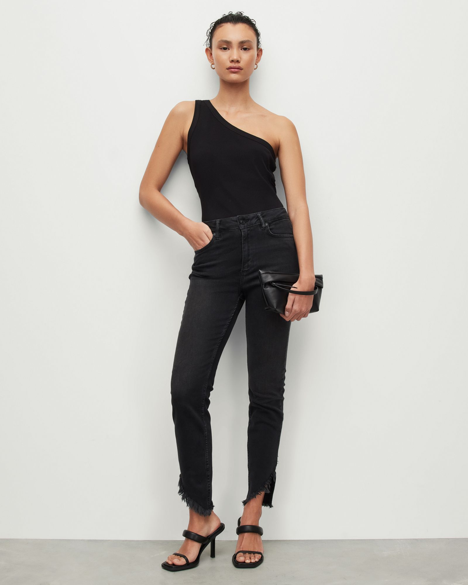 Dax Mid-Rise Asymmetric Hem Denim Jeans Washed Black | ALLSAINTS US | AllSaints US