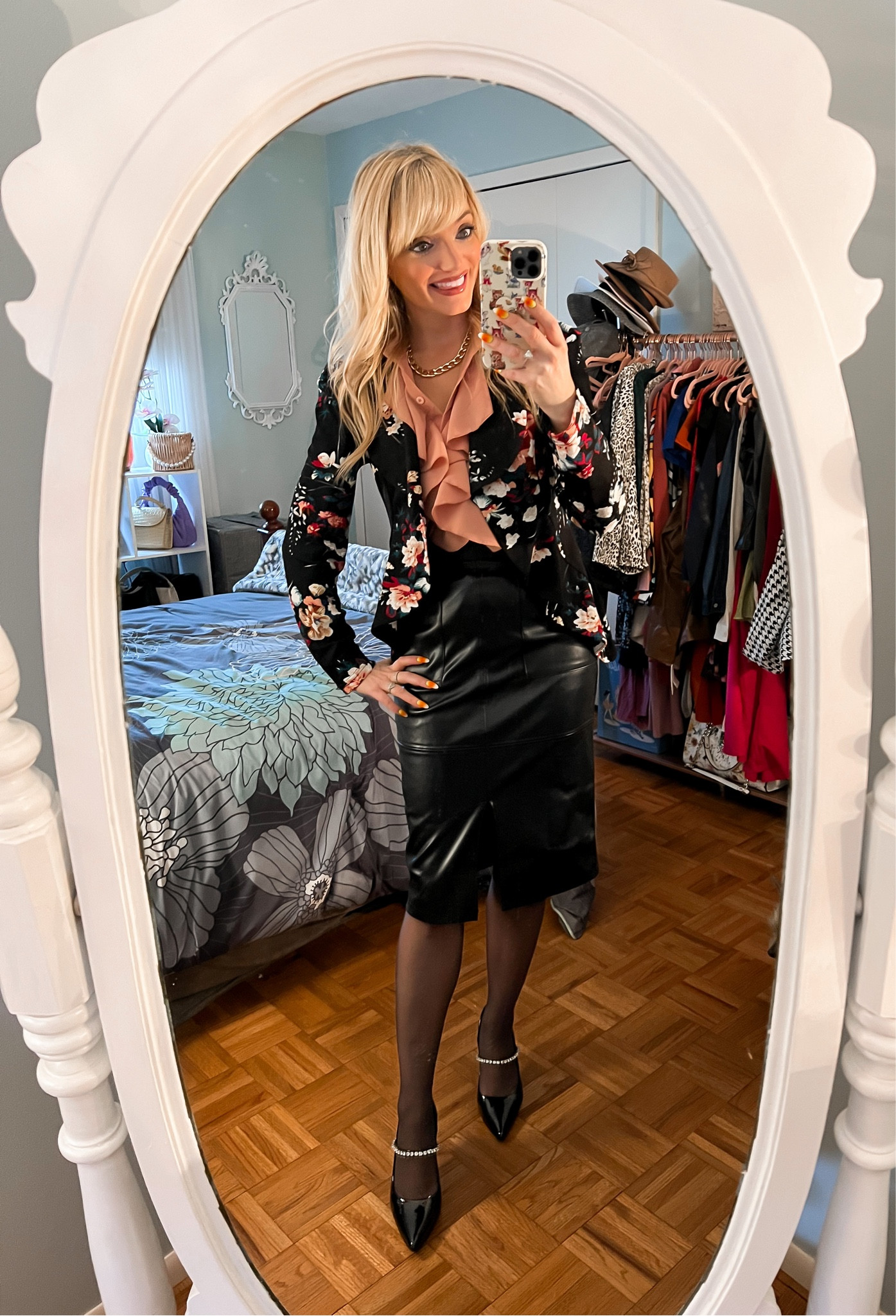 Floral blazer - blush pink ruffle top - faux leather pencil skirt - rhinestone strap heels - wear to work - work outfit - office style - work style - Amazon Fashion - Amazon Finds 

#LTKunder50 #LTKworkwear #LTKSeasonal