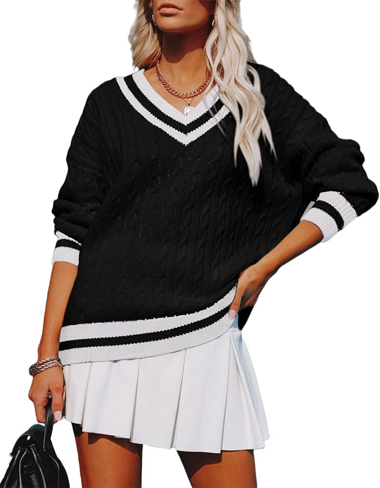 Foshow Womens V Neck Striped Pullover Sweaters Chevron Cable Color Block Sweater Long Sleeve Jumper  | Amazon (US)