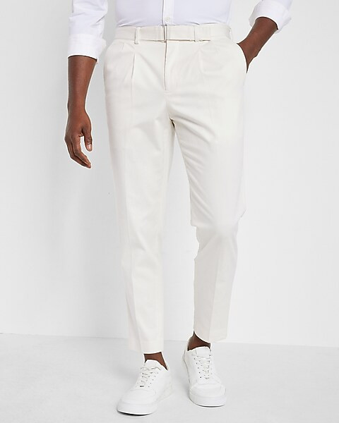 Slim Solid White Belted Cotton Hyper Stretch Cropped Suit Pant | Express