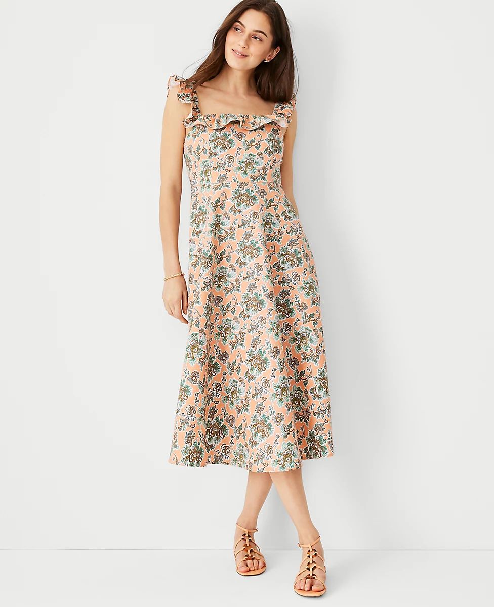 Floral Cotton Linen Ruffle Square Neck Flare Dress | Ann Taylor (US)