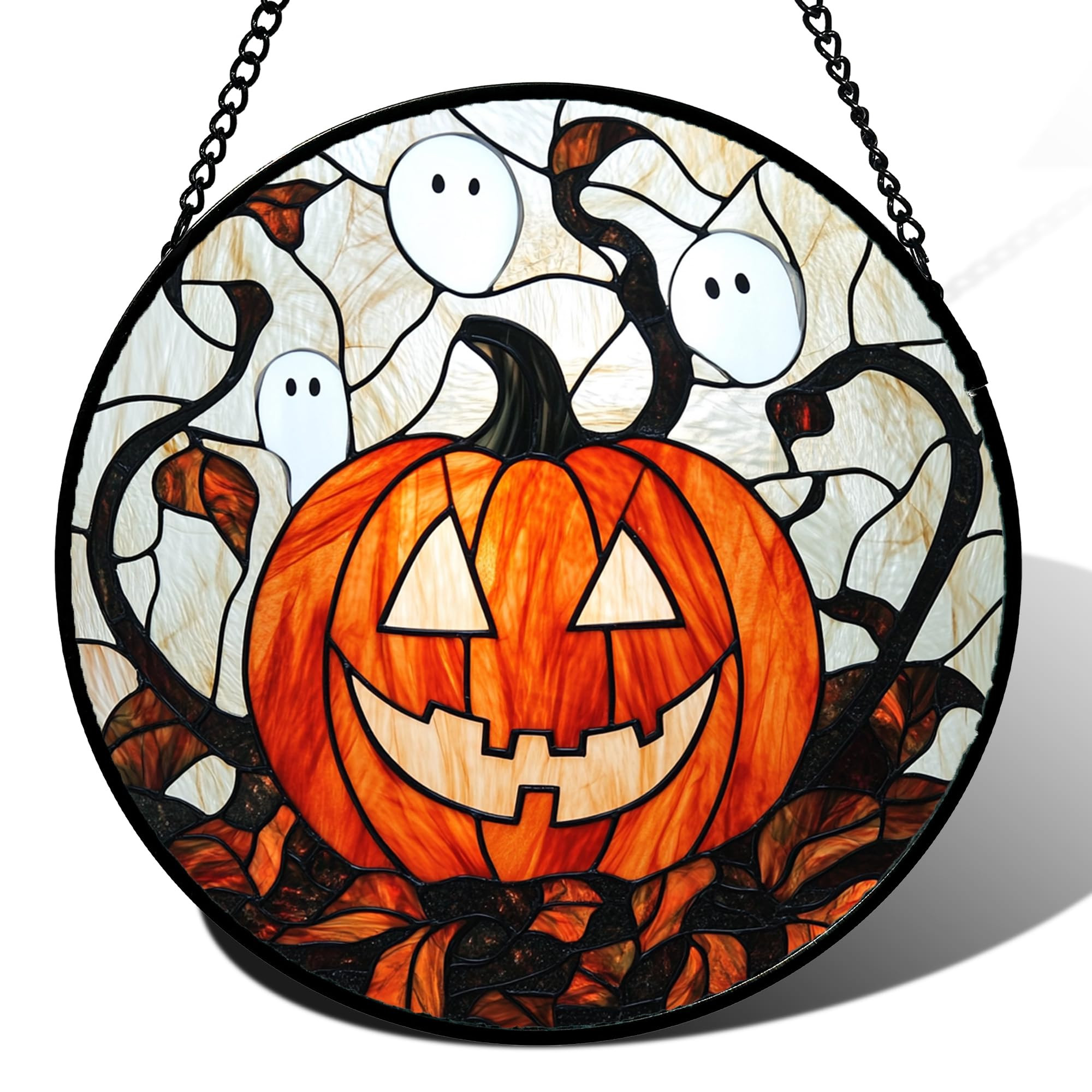 Stained Glass Window Hanging - Halloween Decorations Pumpkin Ghost Suncatcher for Doors Garden In... | Amazon (US)