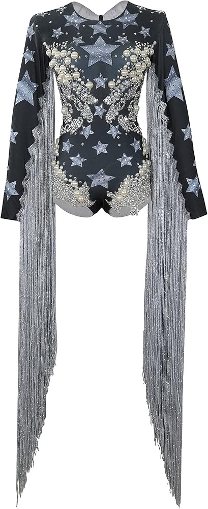Amazon.com: YUANTONG Drag Queen Costume Sparkly Dance Leotard Long Sleeve Women Pearl Rhinestone Bodysuits With Fringe : Clothing, Shoes & Jewelry | Amazon (US)