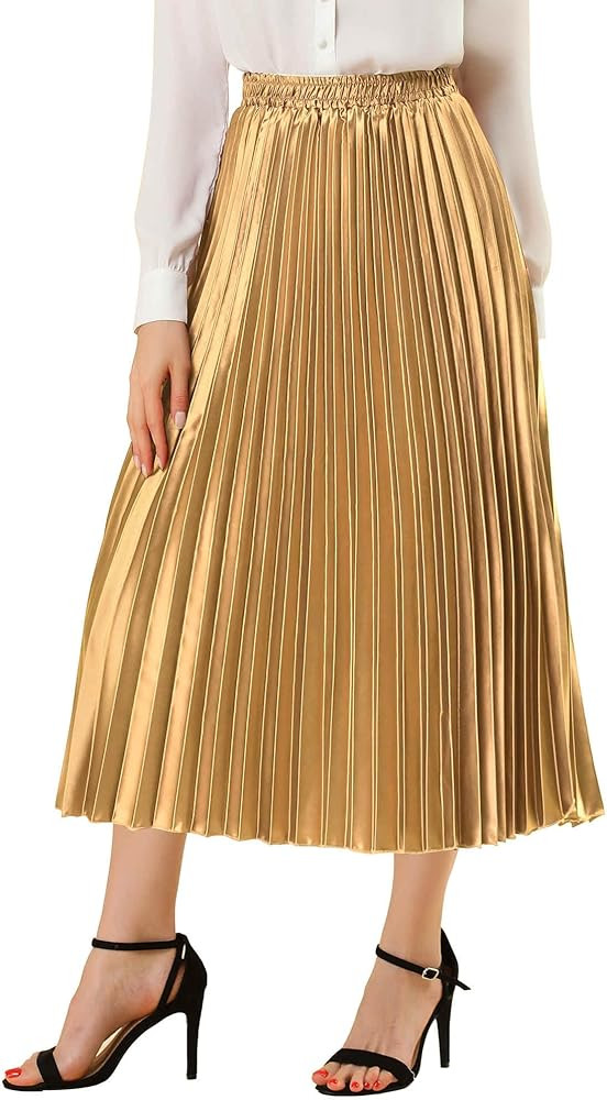Allegra K Women Pleated Skirt Midi Length Elastic High Waisted A Line Metallic Shirring Party Ski... | Amazon (US)