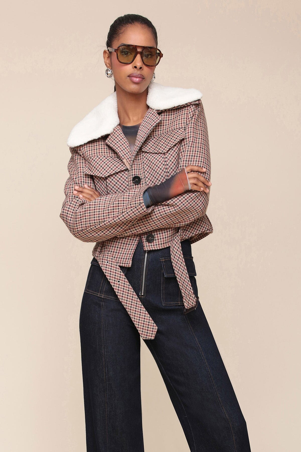 Faux Shearling Collared Plaid Aviator Jacket | Avec Les Files