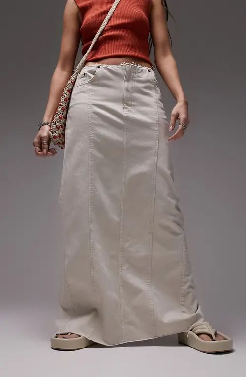 Topshop Raw Trim Denim Maxi Skirt in White at Nordstrom, Size 14 Us | Nordstrom