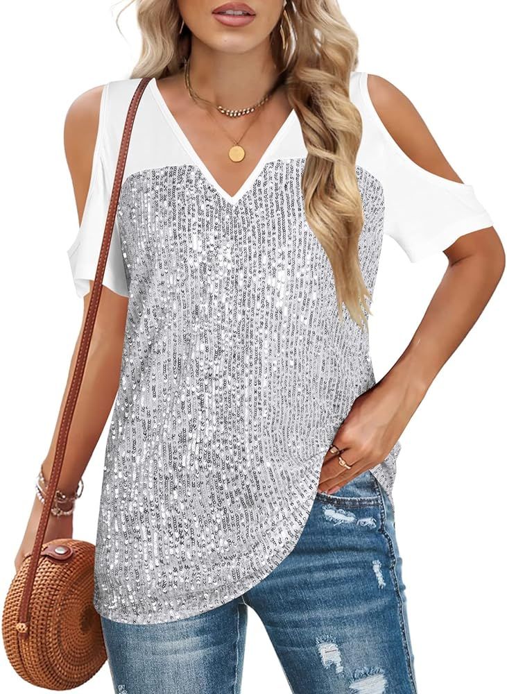 ALLTB Womens Sequin Cold Shoulder Tops Short Sleeve Summer Sexy Sparkle Shimmer Basic Tee Shirts | Amazon (US)