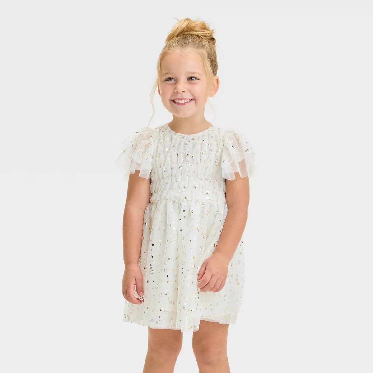 Toddler Girls' Foil Star Ruffle Short Sleeve Tulle Dress - Cat & Jack™ Cream | Target