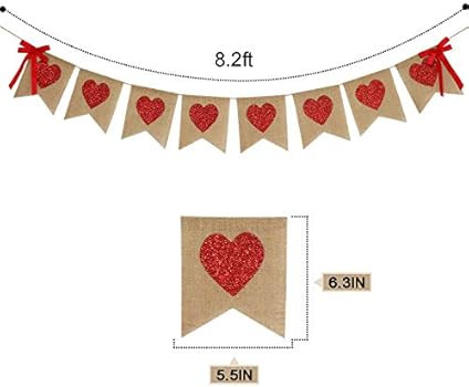 Burlap Heart Banner Garland | Red Glitter Heart | Valentine's Day Decorations| Rustic Valentines Dec | Amazon (US)