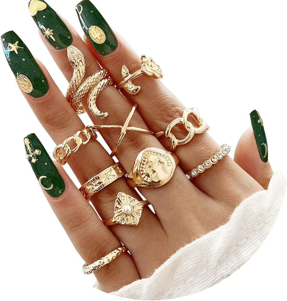 Gold Silver Knuckle Rings Set for Women Girls, 10PCS BOHO Rings,Vintage Snake Chain Flower Rings,... | Amazon (US)