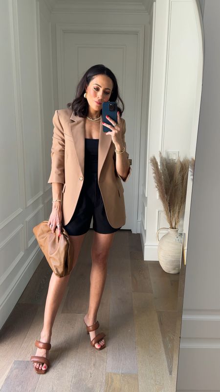One of my favorite ways to style trousers shorts and elevate them!  My entire look is on sale including my sandals!!  🖤🤎

Lucy’s whims in camel blazer and trouser shorts 
Shorts 26
Blazer size S
Top XS 

#LTKover40 #LTKSpringSale #LTKfindsunder100