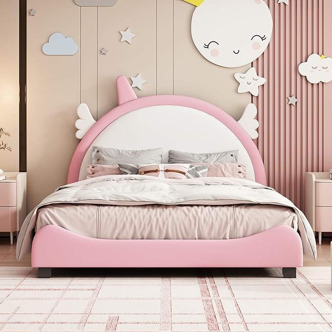 Full Kids Bed with Unicorn Shape Headboard, PU Upholstered Full Size Platform Bed with Slat Suppo... | Amazon (US)