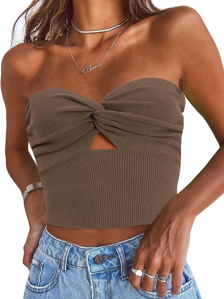 EFAN Womens Tube Tops Going Out Cut Out Twist Knot Front Bandeau Ribbed Knit Y2K Strapless Tank B... | Amazon (US)