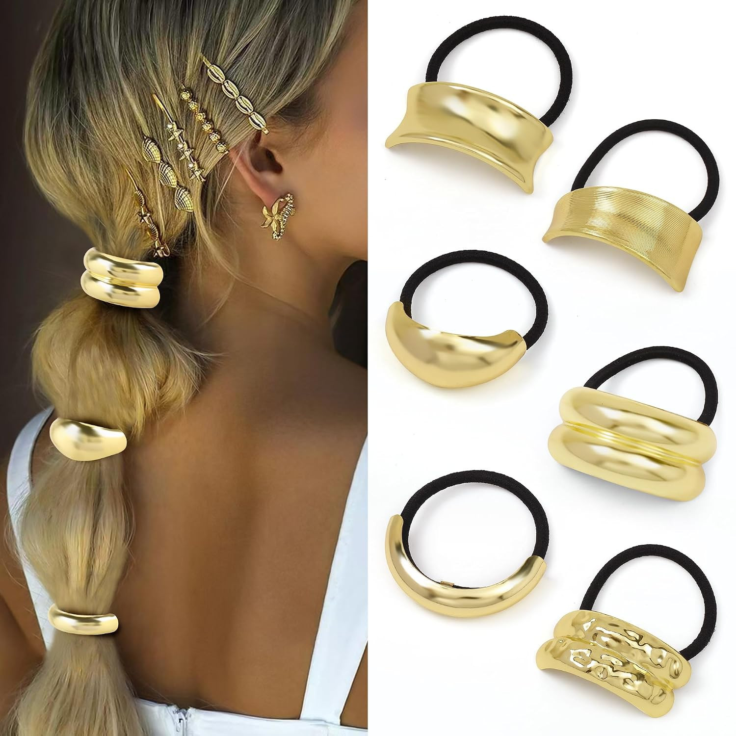 Gold Metal Hair Ties for Women - Cuffs, Accessories, Elastic Bands for Thick and Thin Hair Ponytails | Amazon (US)
