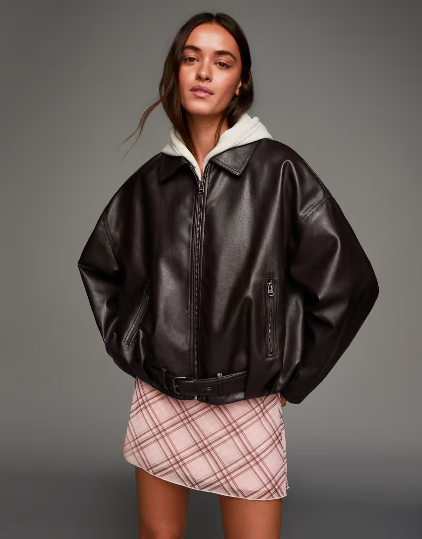 Bershka Belted faux leather jacket in brown | ASOS (Global)