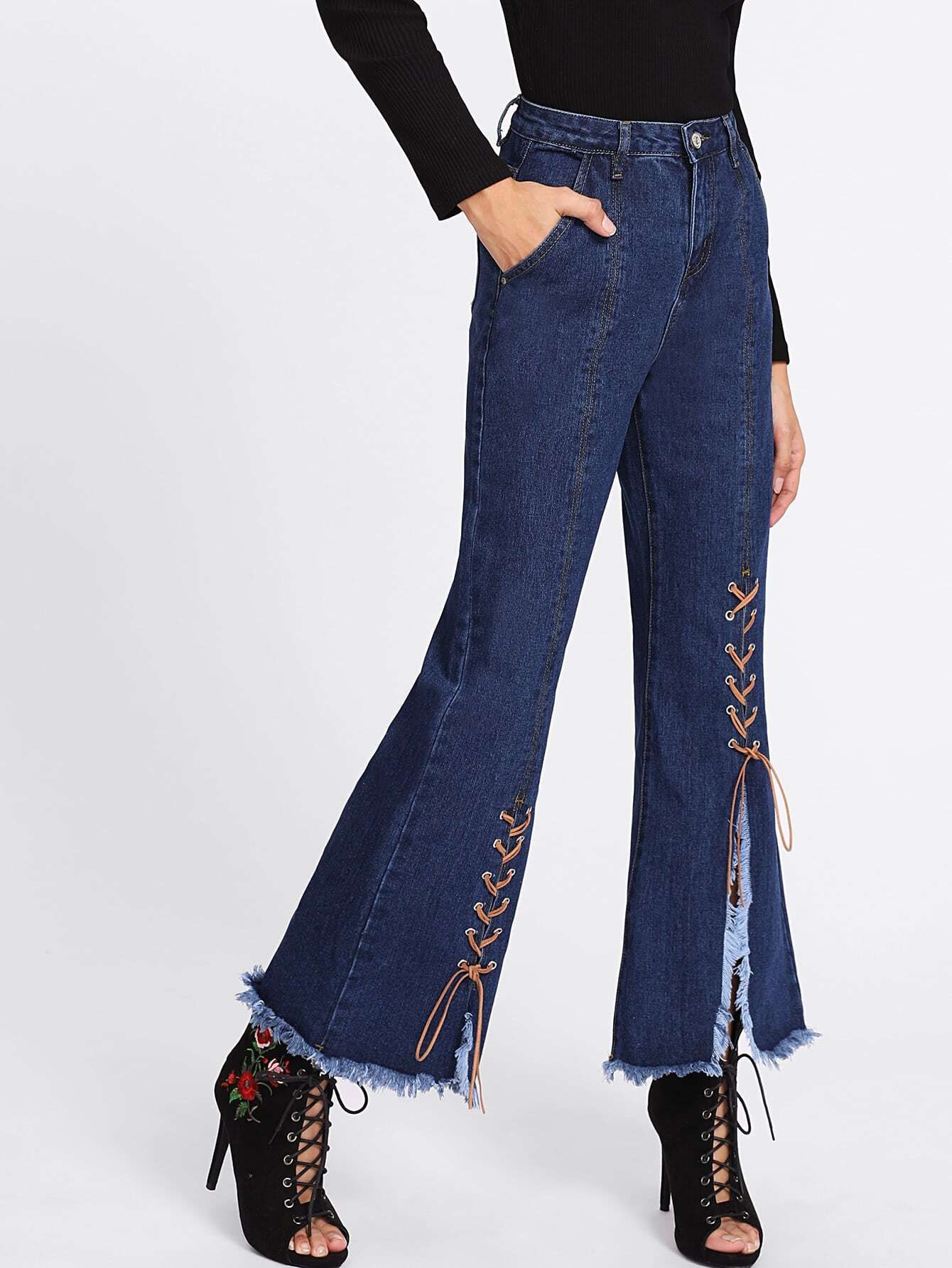 Lace Up Front Frayed Hem Jeans | ROMWE