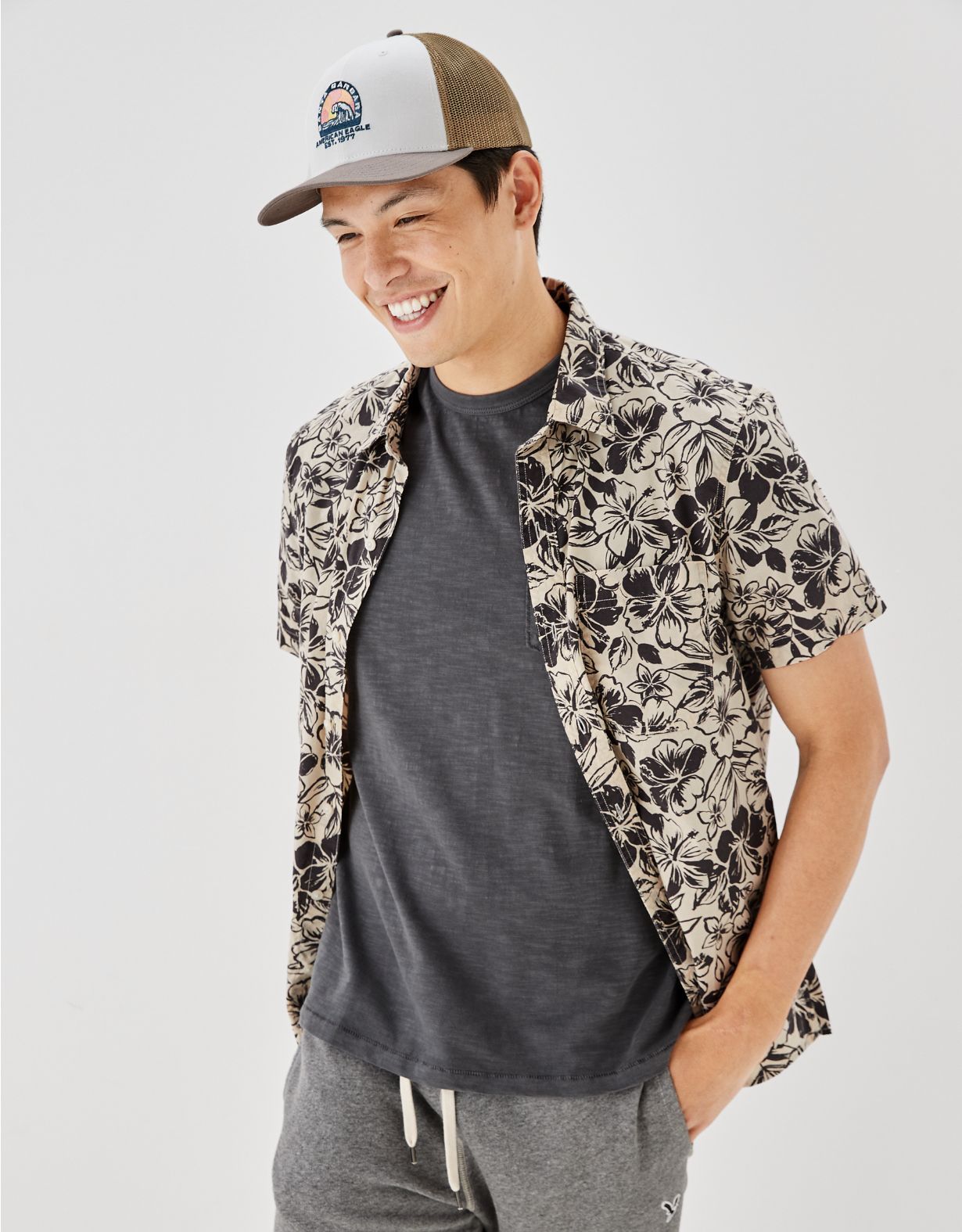 AE Tropical Button-Up Resort Shirt | American Eagle Outfitters (US & CA)