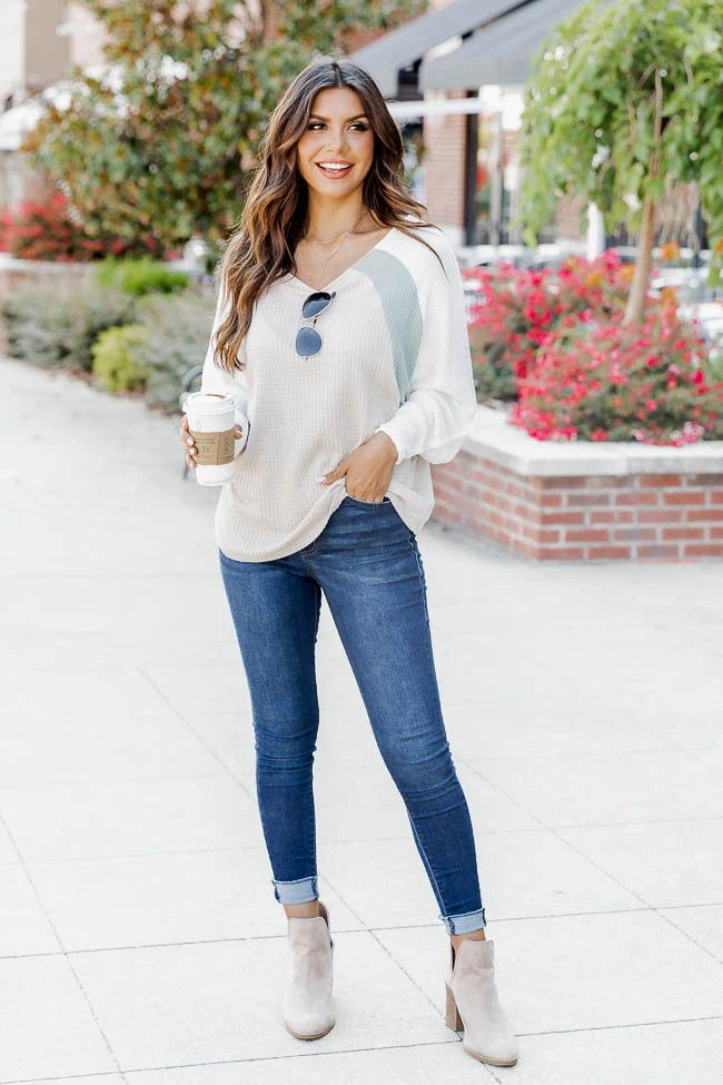 Not Letting Go Blue/Cream Waffle Knit Blouse | Pink Lily
