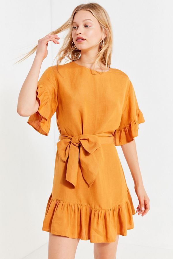 UO Suddenly Spring Linen Ruffle Tie Dress | Urban Outfitters (US and RoW)
