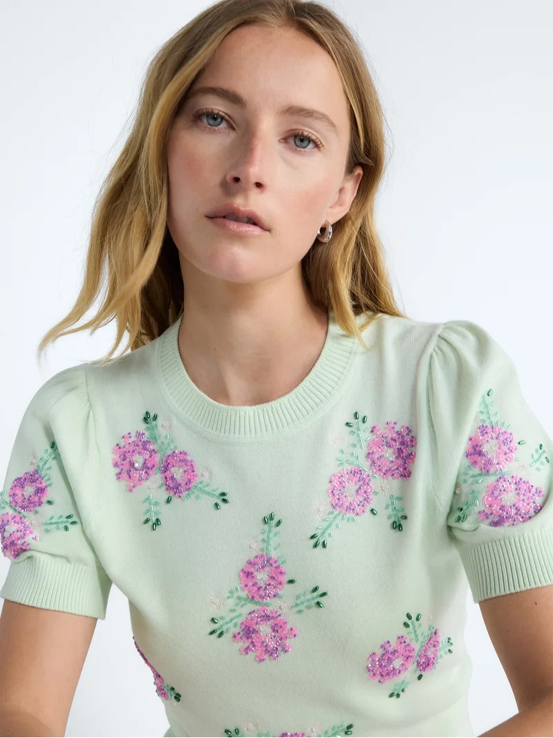 Free Assembly Women's and Women's Plus Beaded Floral Sweater with Puff Sleeves, Lightweight, Size... | Walmart (US)