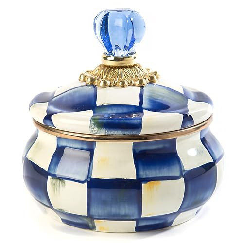 MACKENZIE-CHILDS Enamel Squashed Pot, Cute Enameled Container with Lid, 20 Ounces, Blue-and-White Royal Check | Amazon (US)